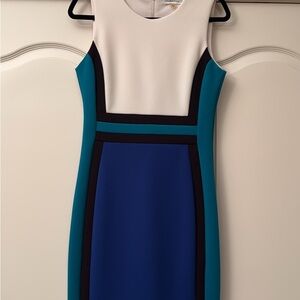Calvin Klein Colorblock Midi Dress - Ivory, Teal, and Blue